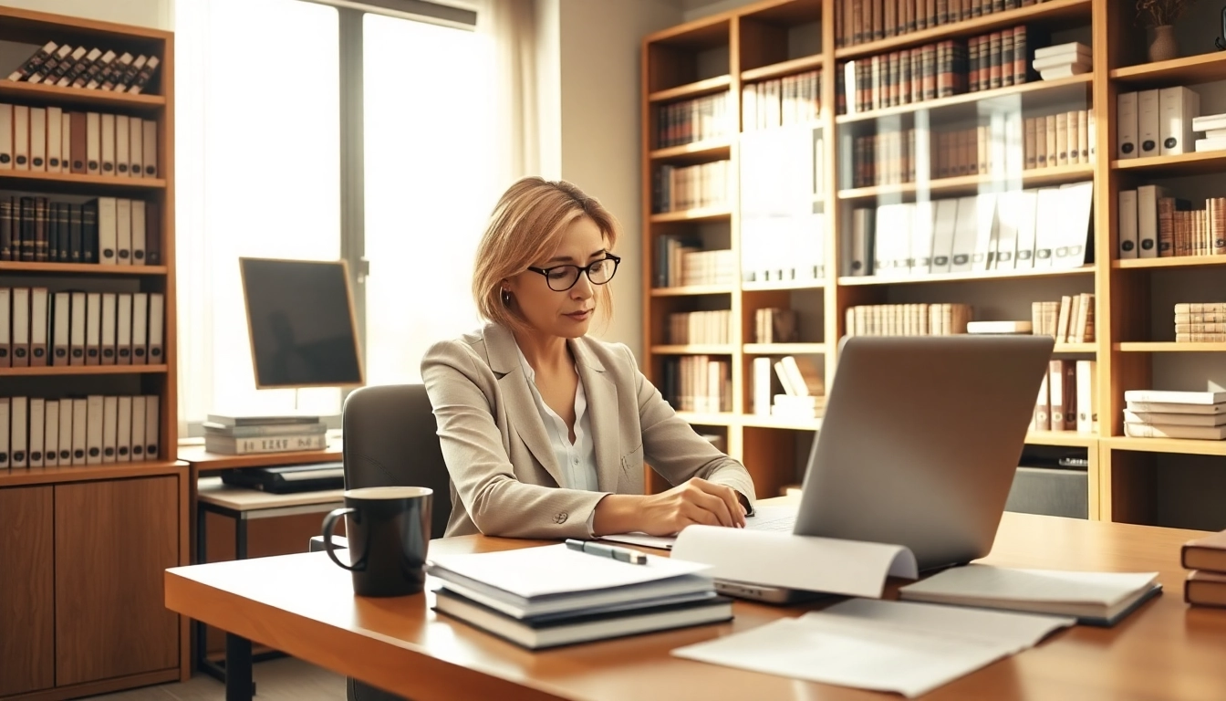 Sworn translator working diligently in a modern office, illustrating expertise in legal document translation.