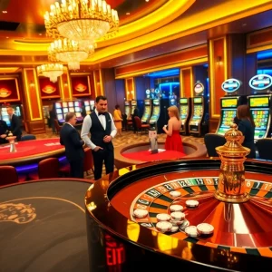 A lively casino scene at https://rr88csn.com/ depicting players winning at roulette, with a vibrant atmosphere.