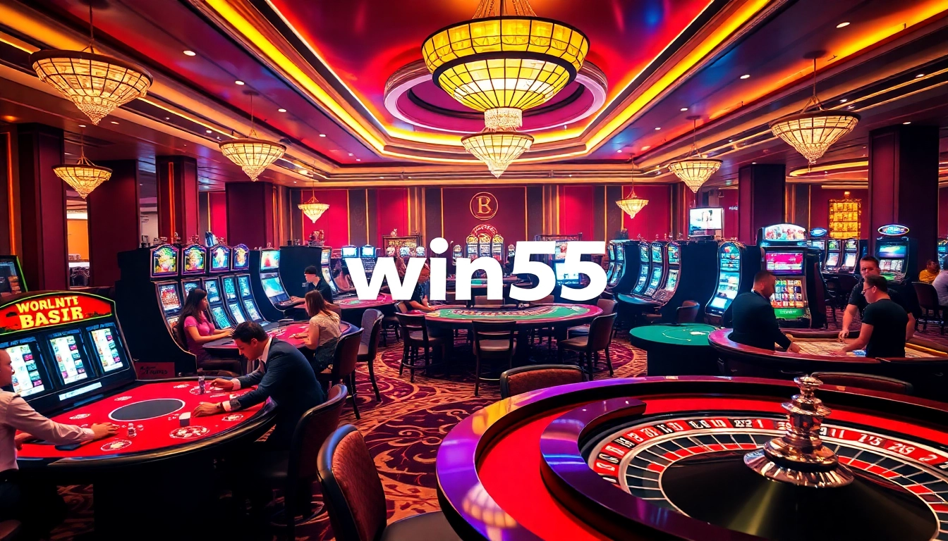 Players enjoying exciting casino games at win55, showcasing lively tables and vibrant atmosphere.