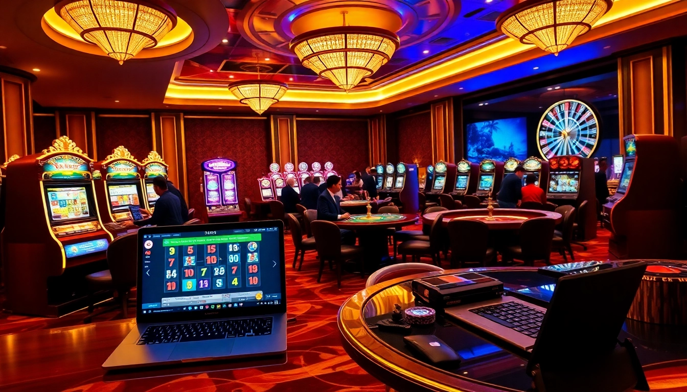 A lively casino scene with poker tables and slot machines at https://13win2025.online/, showcasing vibrant gambling excitement.