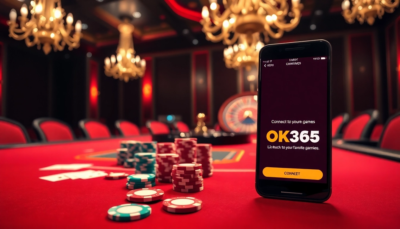 Engaging scene of a luxurious casino with poker chips and the OK365 link showcased on a smartphone.