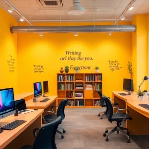 A collaborative workspace representing bloglabs.wiki, featuring modern desks and vibrant decor for digital content creation.