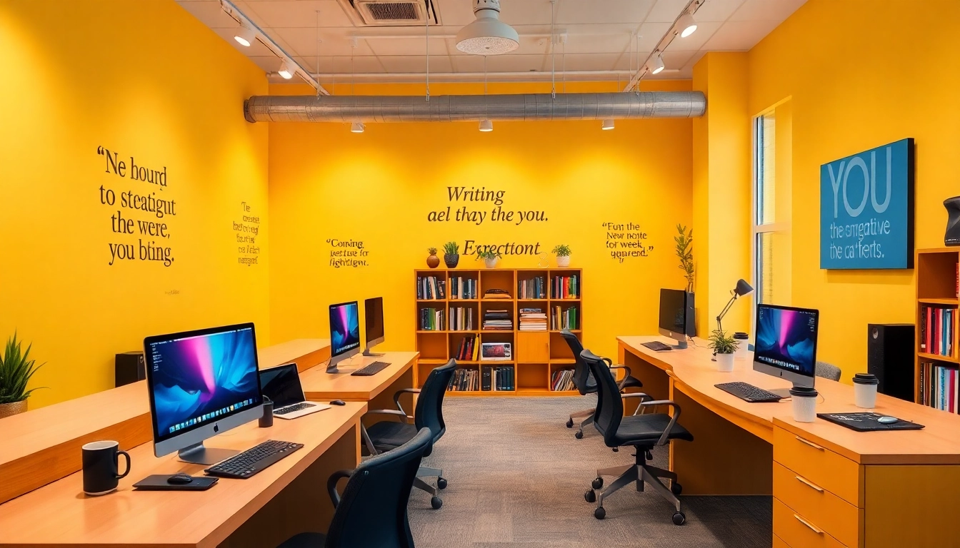 A collaborative workspace representing bloglabs.wiki, featuring modern desks and vibrant decor for digital content creation.
