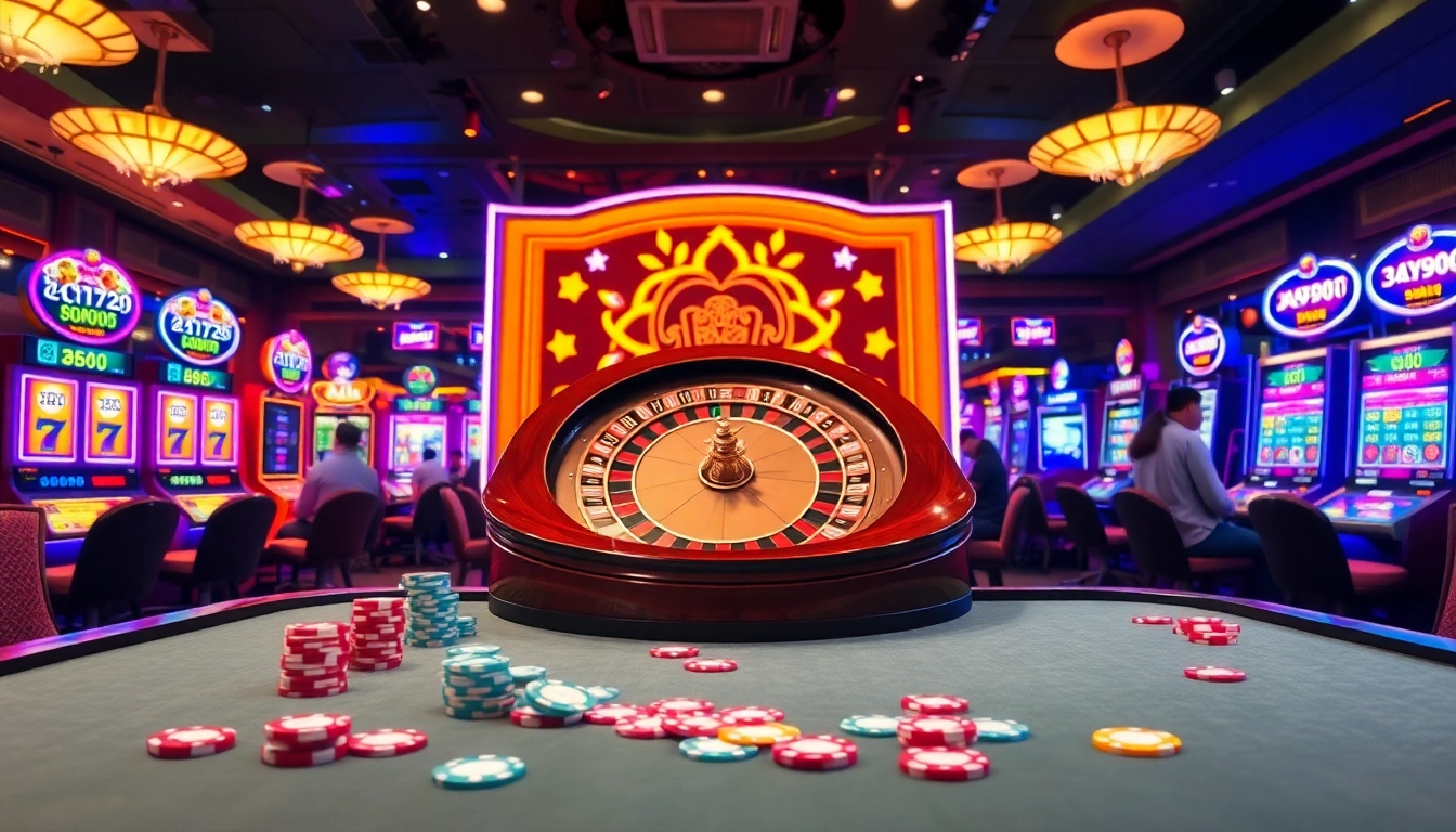 Engaging scene of gambling activities at abc88 featuring poker chips, cards, and a roulette wheel.