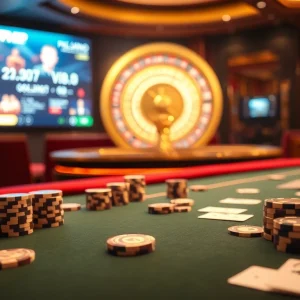 Engaging scene depicting players enjoying a luxurious 777VIP casino environment with poker chips and cards.