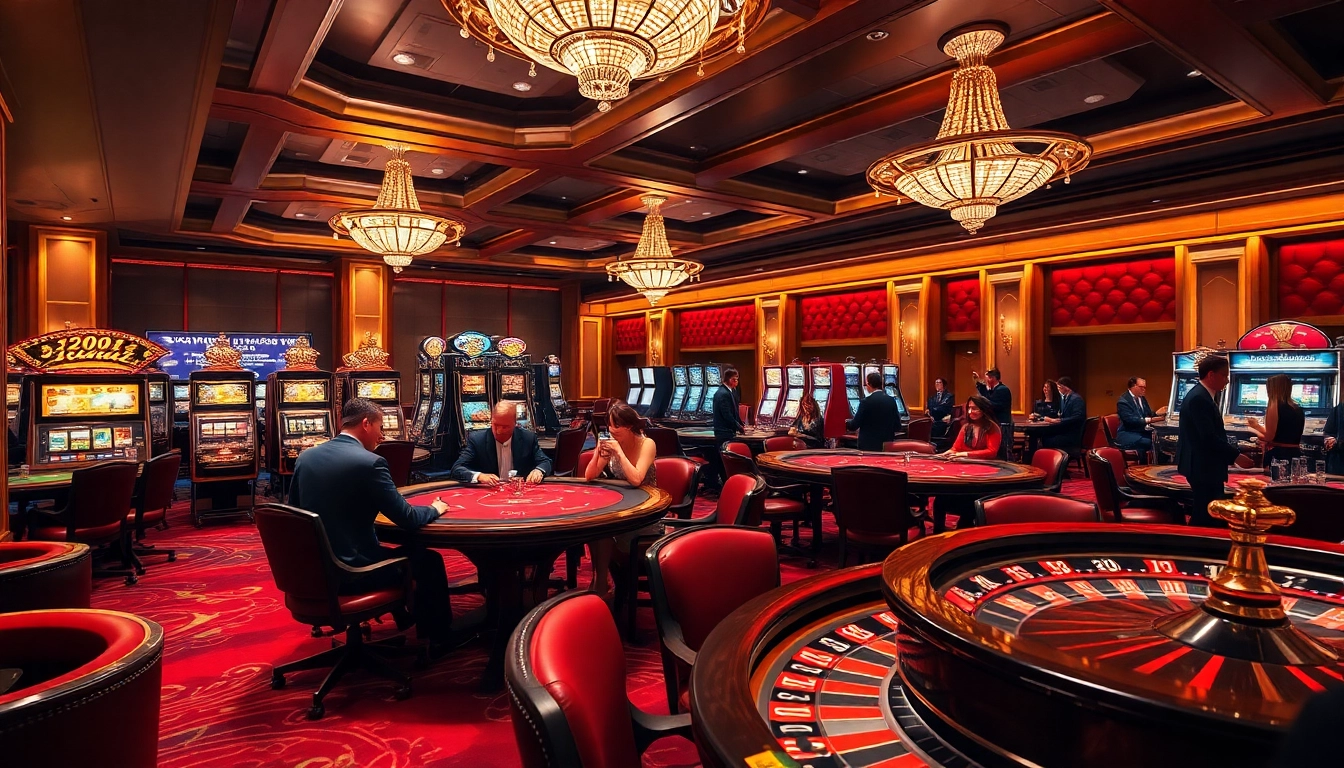 KJC casino scene showcasing players enjoying poker and slot machines in a luxurious setting