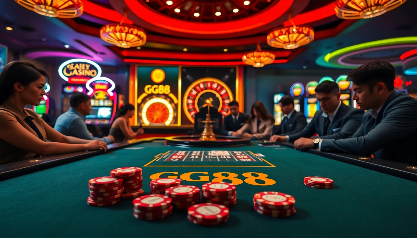 Excited players enjoying a thrilling game at GG88 casino table, surrounded by vibrant atmosphere.