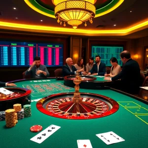 A dynamic casino scene showcasing player engagement and betting at f168.com.