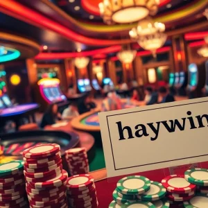 Experience the excitement of a luxury casino scene featuring 'haywin' poker chips and vibrant roulette wheels.