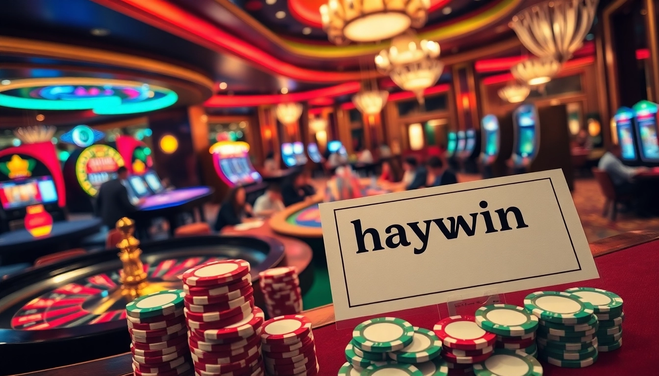 Experience the excitement of a luxury casino scene featuring 'haywin' poker chips and vibrant roulette wheels.