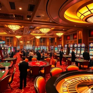 Engage in thrilling games at the luxurious bem88 casino featuring vibrant tables and slot machines.