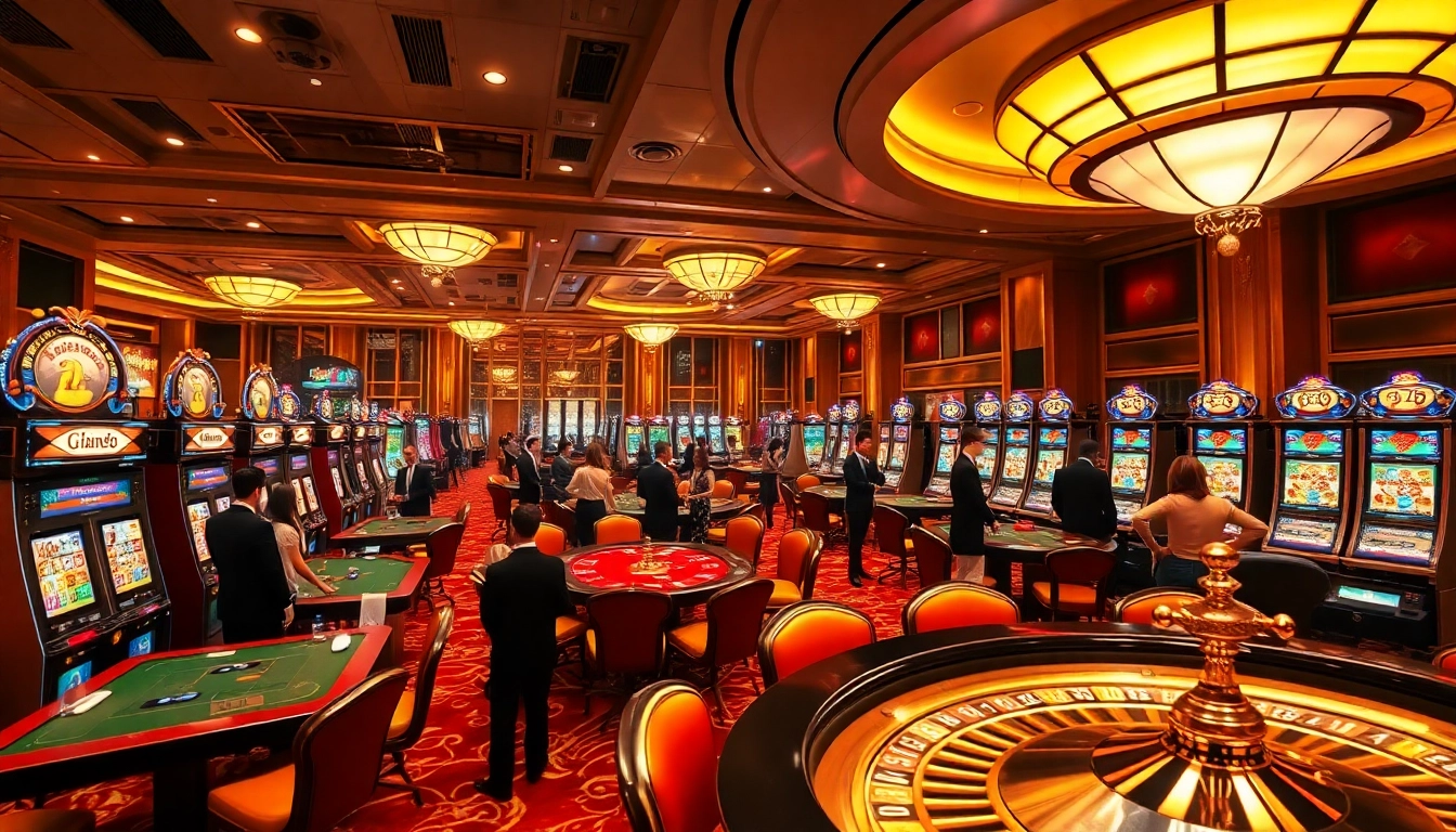 Engage in thrilling games at the luxurious bem88 casino featuring vibrant tables and slot machines.