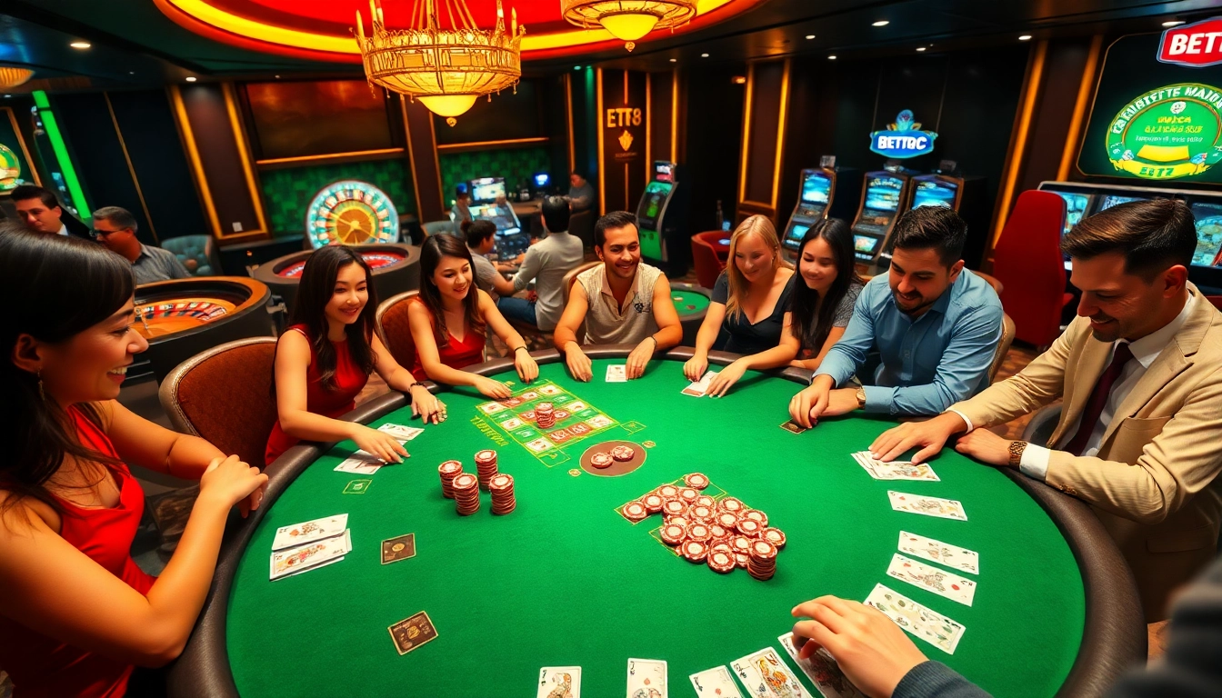 Bet88 players engaged in an exciting casino game atmosphere with poker chips and cards.