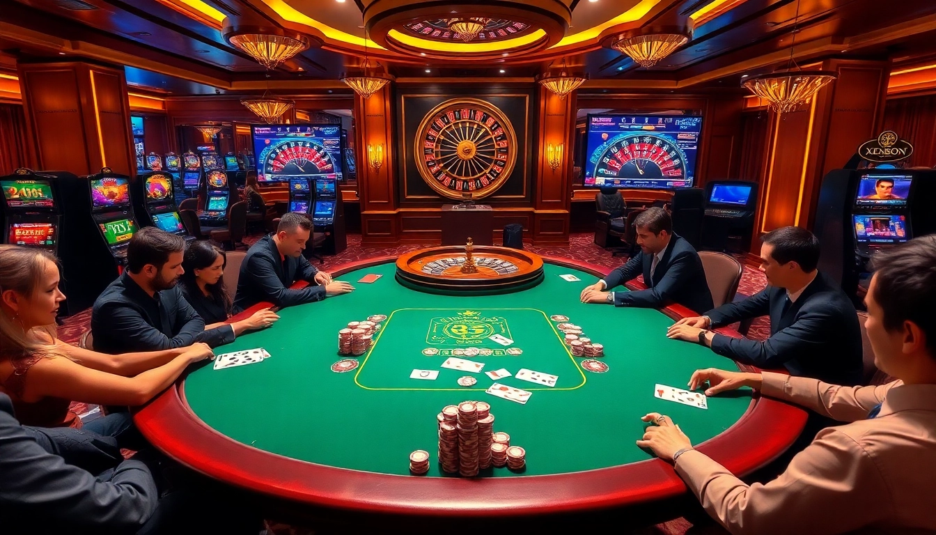 Players enjoying an exciting poker game at https://xx88n.org/ casino with vibrant chips and cards.