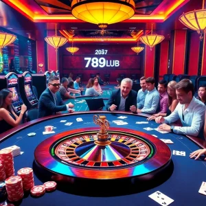 Players enjoy a thrilling game at 789CLUB casino, surrounded by vibrant slot machines and poker tables.