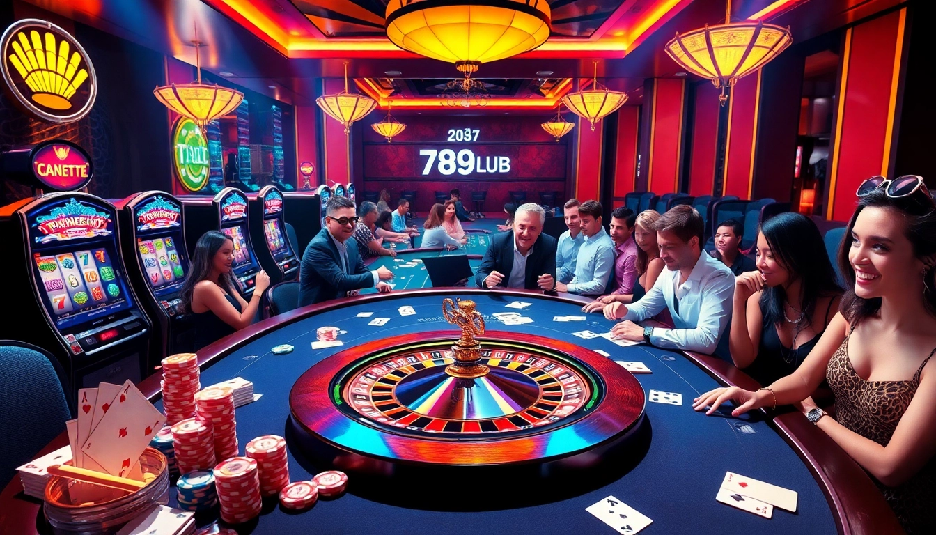 Players enjoy a thrilling game at 789CLUB casino, surrounded by vibrant slot machines and poker tables.