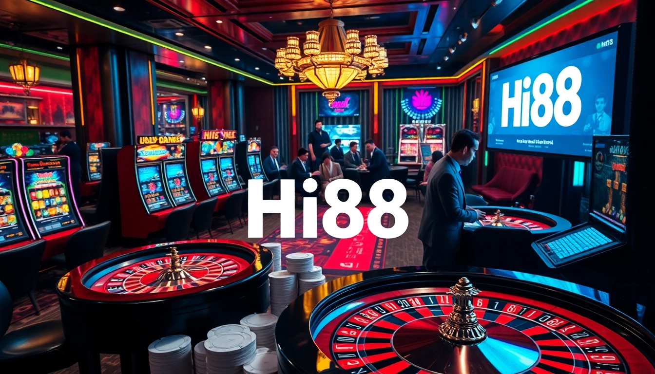 Hi88 casino scene showcasing vibrant slot machines and poker tables filled with excitement.