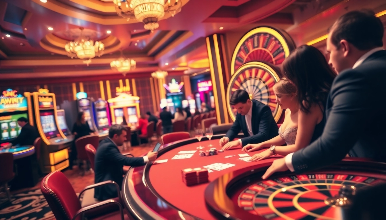 Players enjoying a thrilling poker game at Sun Win casino, surrounded by vibrant slot machines.