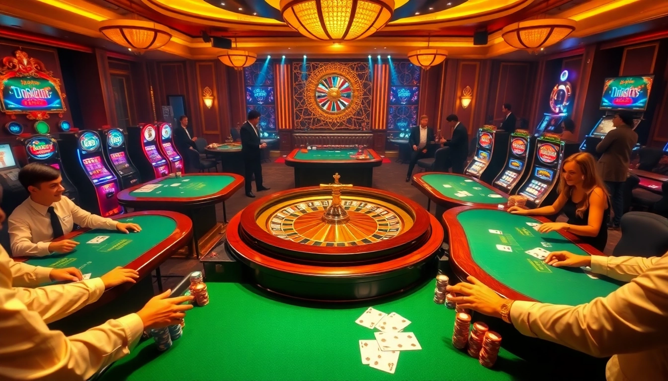Experience thrilling games at rikvip.gb.net with players engaging at vibrant casino tables and colorful slot machines.