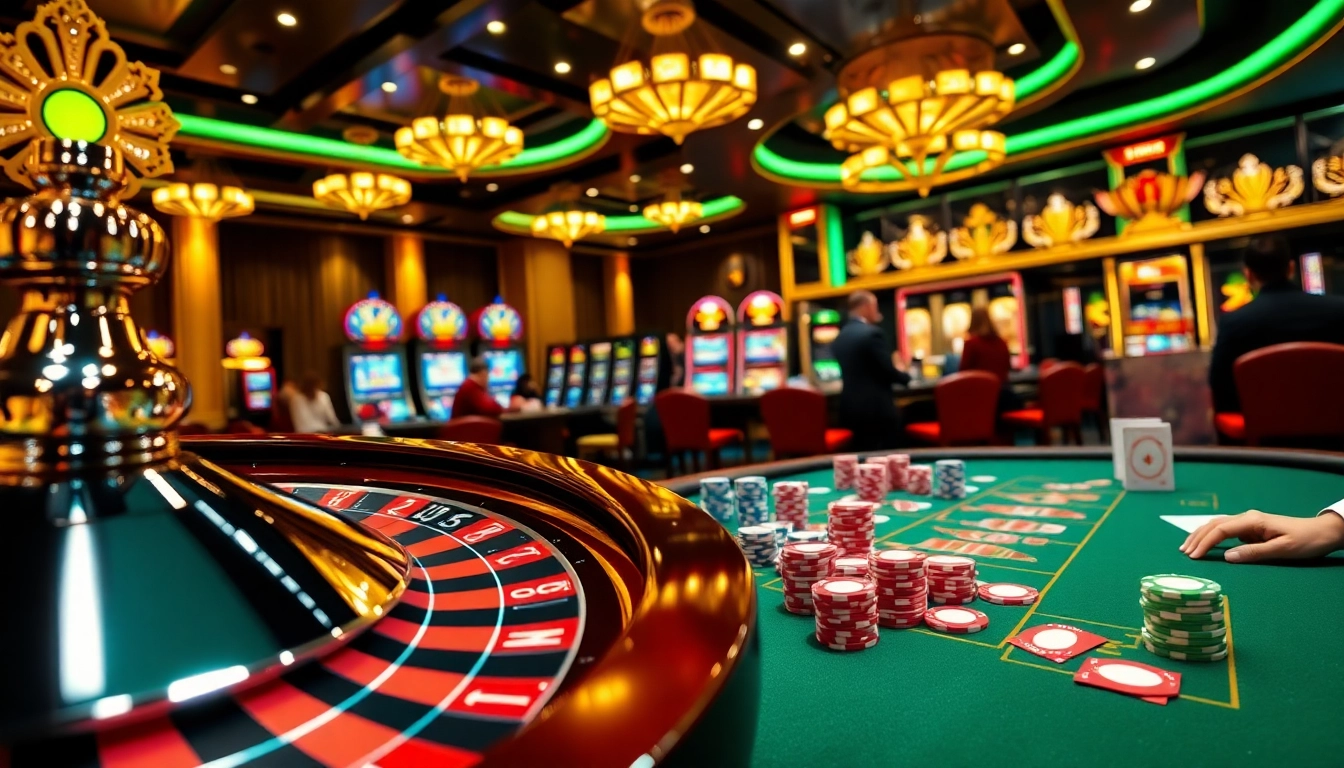 Experience the thrill of gambling at CM88 casino with vibrant poker tables and roulette wheels.