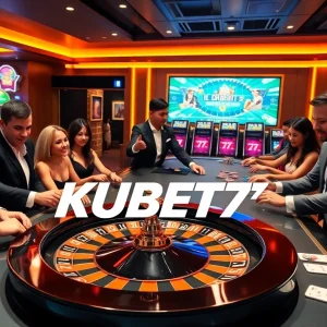 This casino scene showcases KUBET77’s vibrant gambling atmosphere with players intensively engaged in their bets.