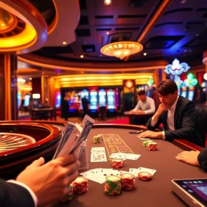 LC88 casino players engaged in an exciting game with vibrant slot machines and roulette table.