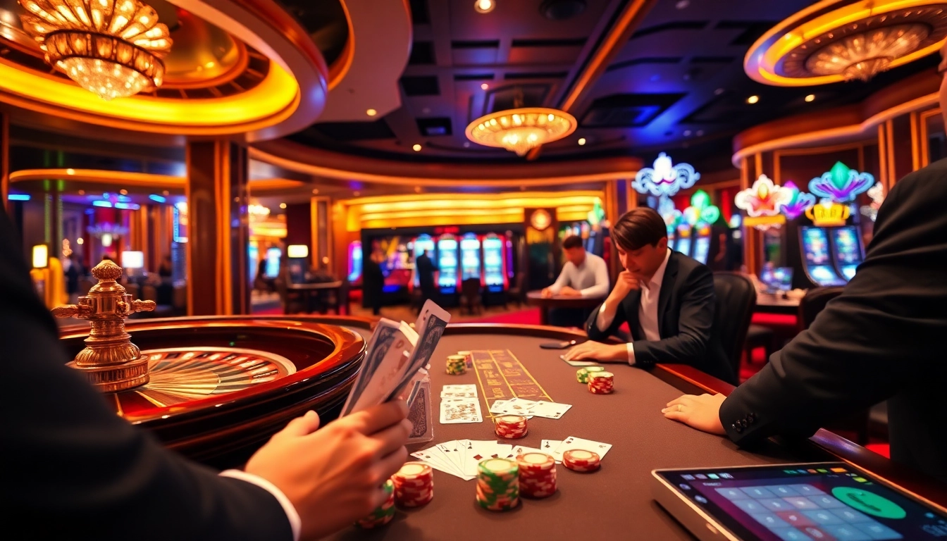 LC88 casino players engaged in an exciting game with vibrant slot machines and roulette table.