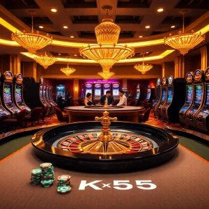 Experience the thrill of KK55 at this vibrant casino with roulette and poker tables.