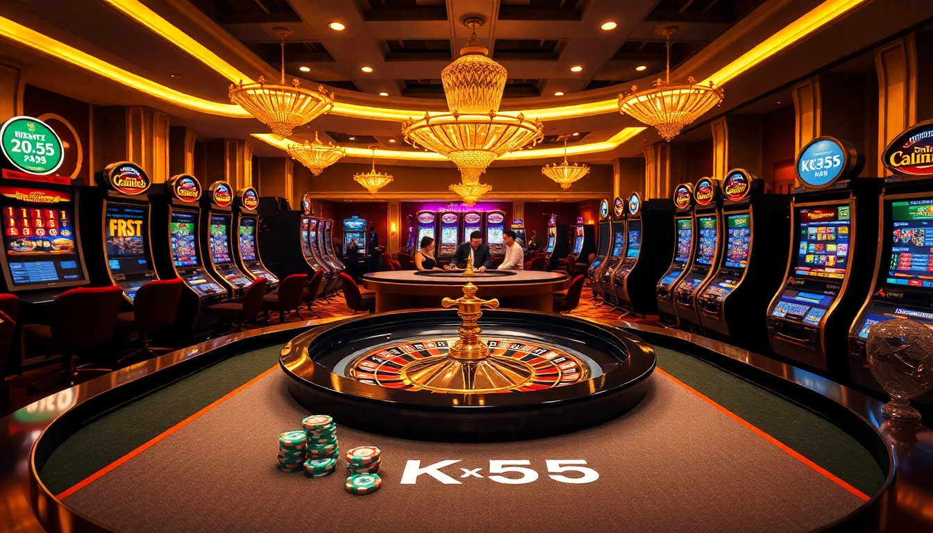 Experience the thrill of KK55 at this vibrant casino with roulette and poker tables.