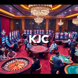 KJC logo shines in a luxurious casino full of players engaging in lively games.