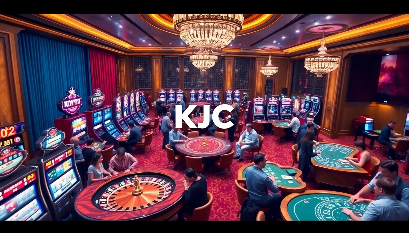 KJC logo shines in a luxurious casino full of players engaging in lively games.