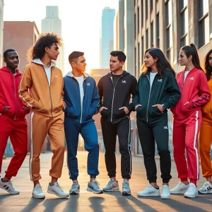 Stylish young adults wearing Essentials Tracksuit in vibrant urban setting