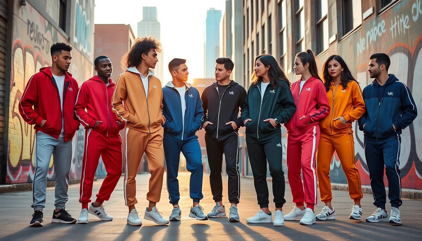 Stylish young adults wearing Essentials Tracksuit in vibrant urban setting