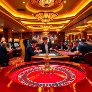 Exciting casino scene at https://388bet.miami/ showcasing roulette, poker chips, and enthusiastic players.