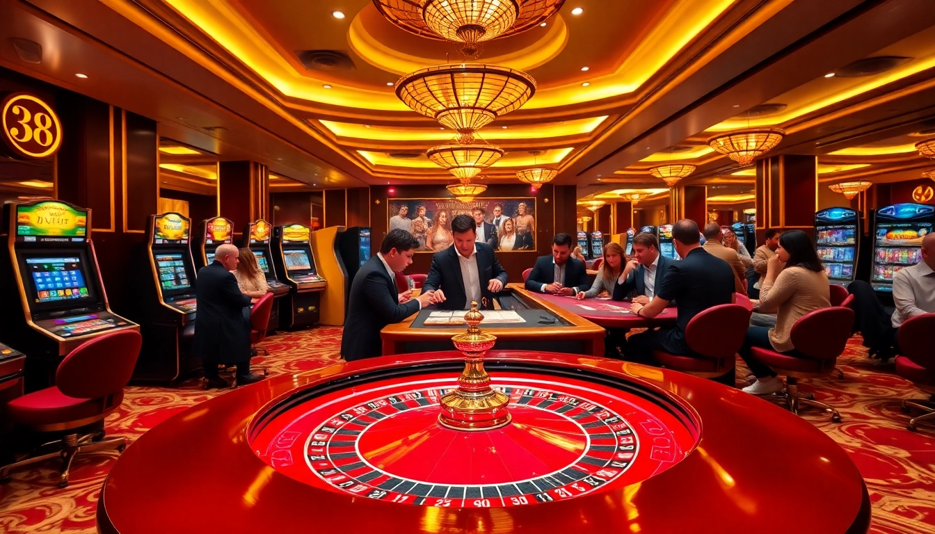 Exciting casino scene at https://388bet.miami/ showcasing roulette, poker chips, and enthusiastic players.