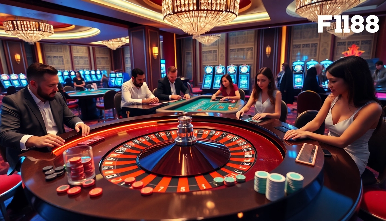 Experience the thrill of F168 at a glamorous casino with roulette and poker action.