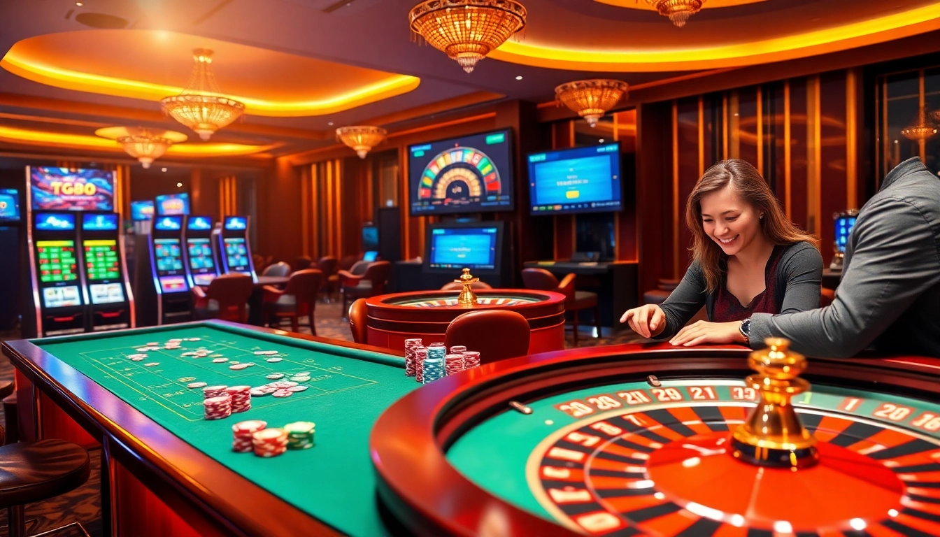 Players enjoying the TG88 casino experience with vibrant slot machines and poker tables.