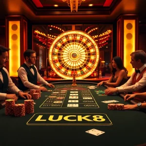 Trải nghiệm cảm giác thót tim khi chơi casino LUCK8 với bàn cược sống động, chip poker và những người chơi cuốn hút.