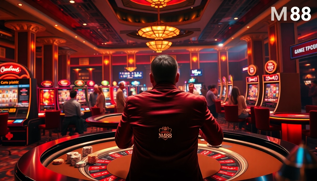 MM88 players celebrating wins at a luxurious casino table with vibrant slot machines.