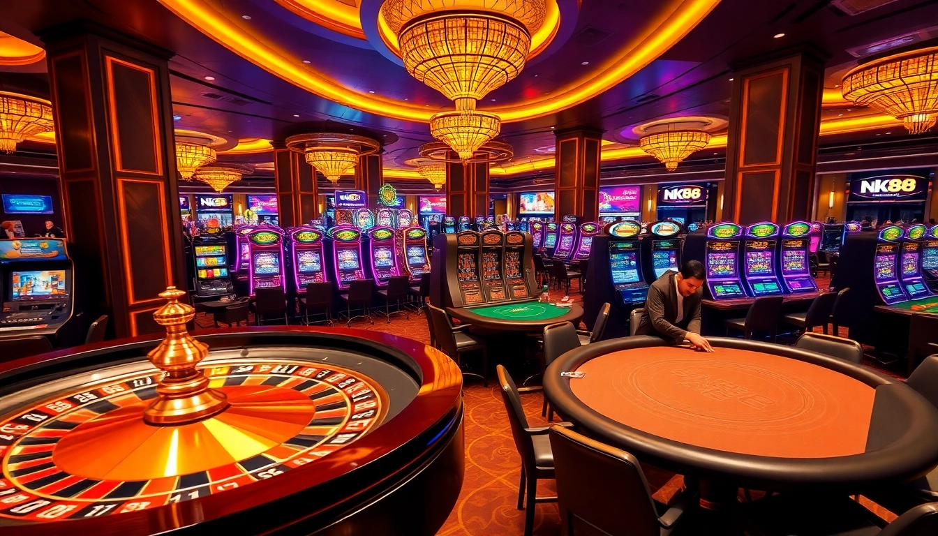 Engaging players at nk88 casino tables with vibrant slot machines and dynamic gameplay.