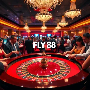 Excited players engaging at the FLY 88 roulette table in a luxurious casino setting.