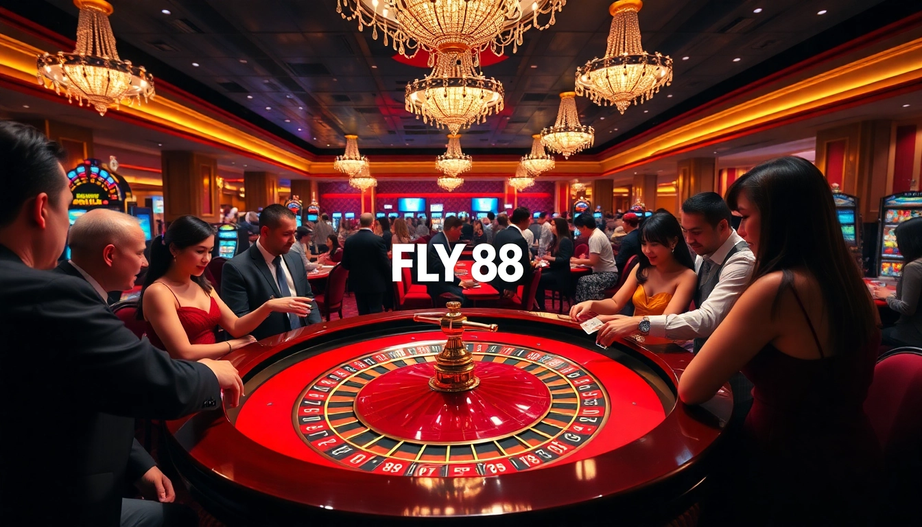 Excited players engaging at the FLY 88 roulette table in a luxurious casino setting.