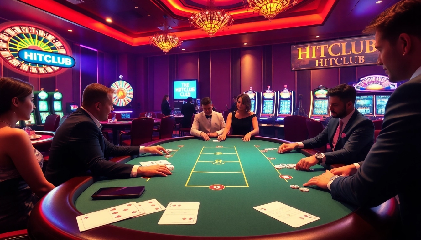 Players enjoying an exhilarating game at HITCLUB's premium poker tables in a luxurious casino atmosphere.