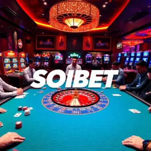 Experience the excitement of SOIBET at a lively casino table surrounded by eager players.