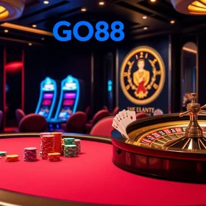 GO88 gaming scene showcasing poker chips and roulette wheel in a vibrant casino atmosphere.