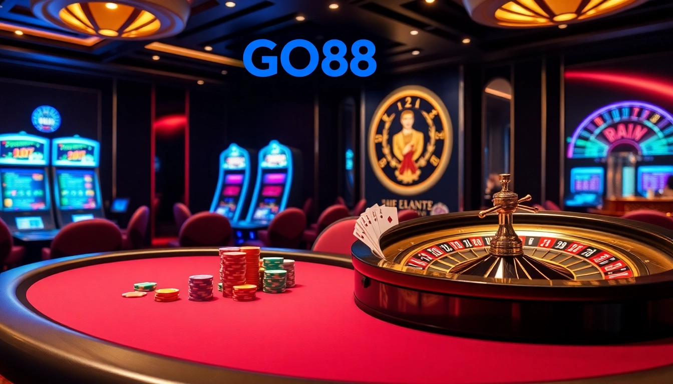 GO88 gaming scene showcasing poker chips and roulette wheel in a vibrant casino atmosphere.