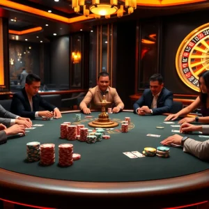 Players enjoying a thrilling poker game at the MM88 casino table, surrounded by vibrant atmosphere.