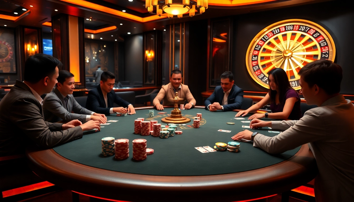 Players enjoying a thrilling poker game at the MM88 casino table, surrounded by vibrant atmosphere.