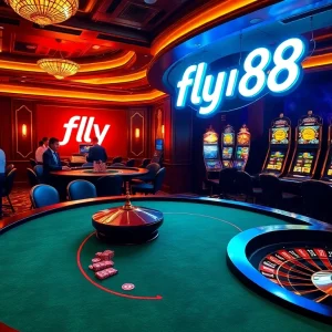 Excitement at a luxurious poker table with fly88 branding and vibrant casino elements.
