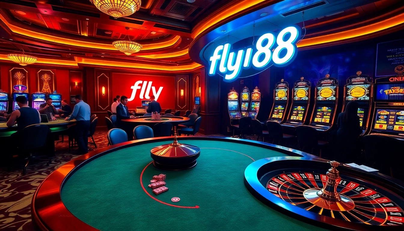 Excitement at a luxurious poker table with fly88 branding and vibrant casino elements.